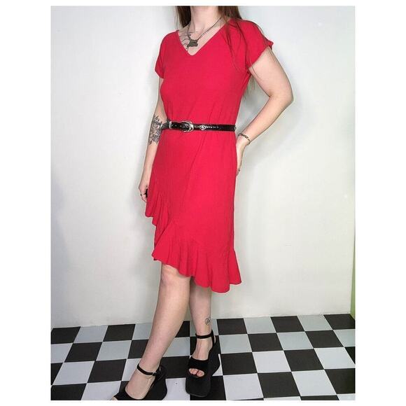 90s Vintage Red Frilly Cotton Tiered Boho Beach Summer Midi Dress Sz Small - Picture 2 of 7